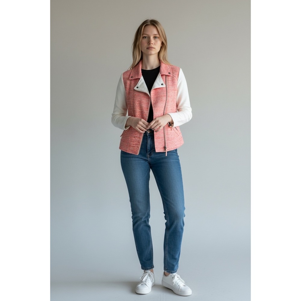Anthropologie Elevenses Tweed‎ Moto Jacket Coral Pink Cream Zip Women's 12/Large